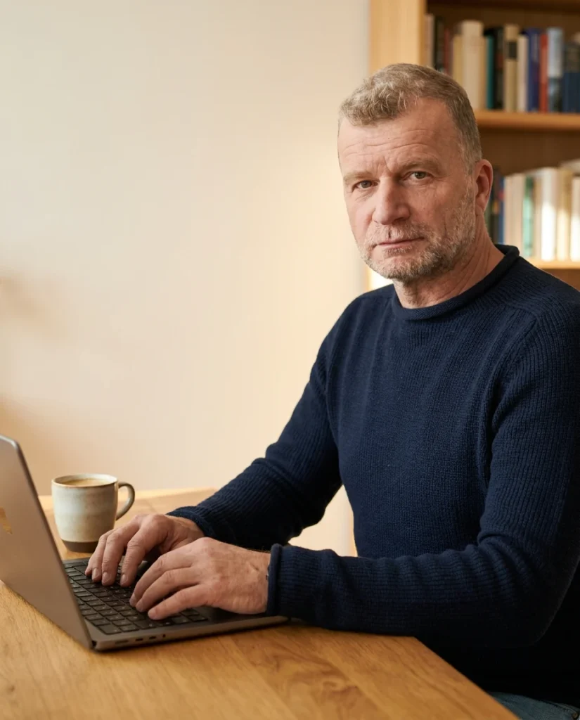 Matthias Steube arbeitet am Laptop an seinem Schreibtisch