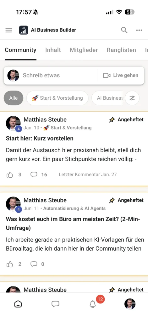 Screenshot des Community-Feeds der AI Business Community in der Skool-App