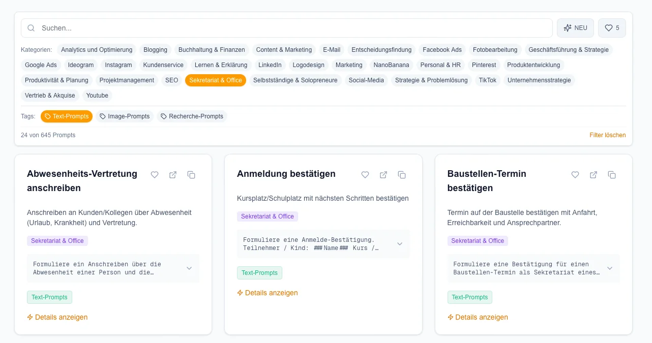 ConRat AI: Vorlagen-Galerie mit Kategorien und Prompt-Karten