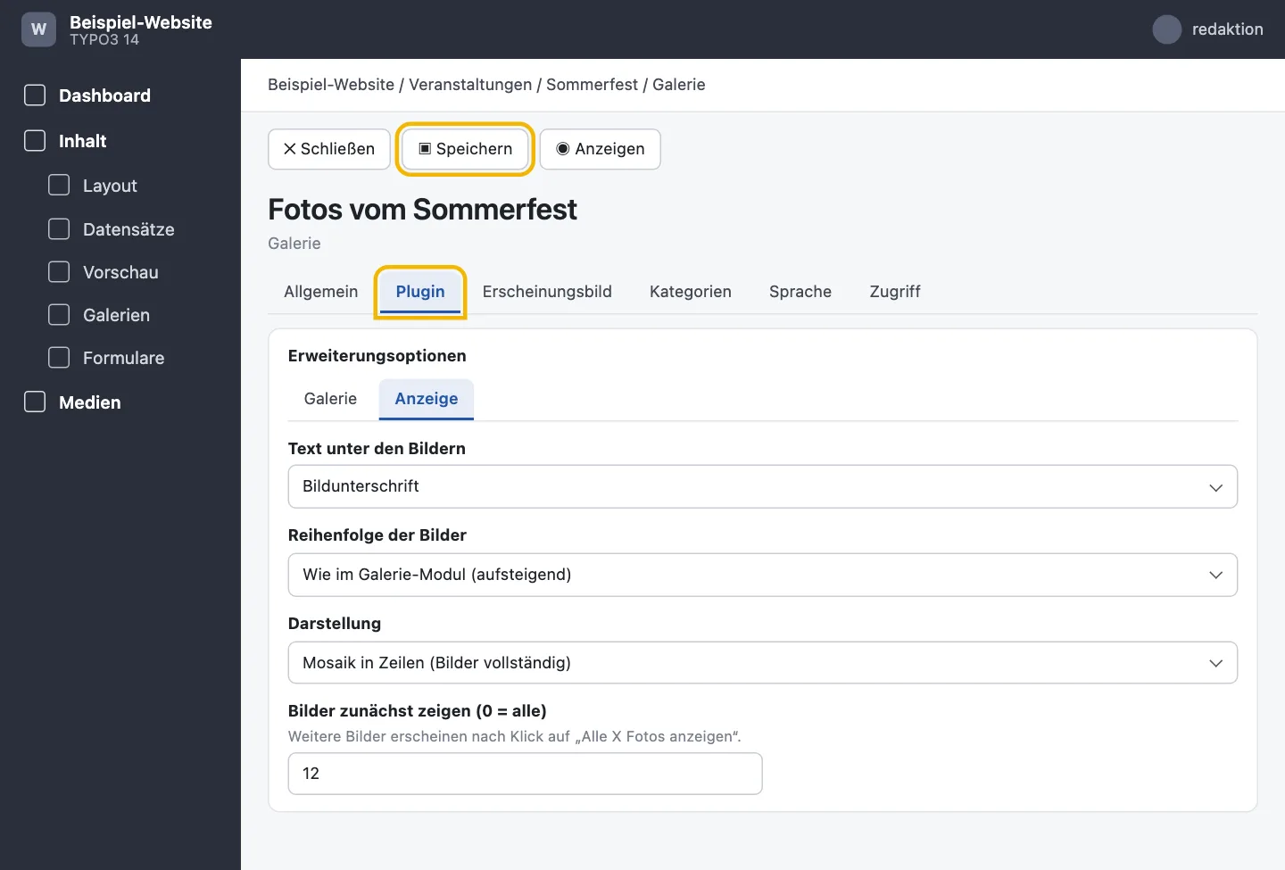 Inhaltselement bearbeiten, Reiter Plugin, Unterreiter Anzeige mit Text unter den Bildern, Reihenfolge, Darstellung und Bilder zunächst zeigen