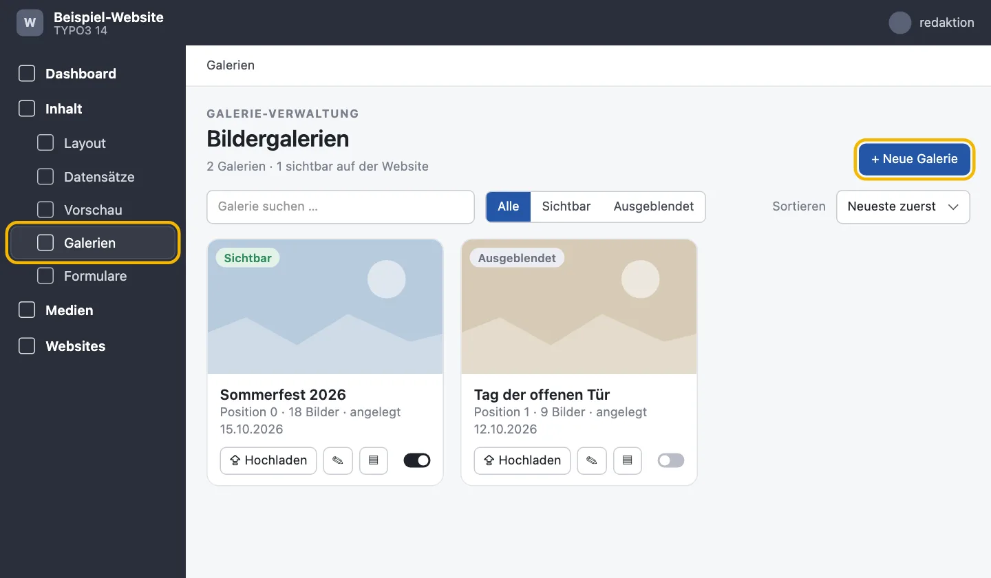 Backend mit linker Leiste: unter Inhalt ist der Eintrag Galerien markiert, rechts die Galerie-Kacheln und der Knopf Neue Galerie