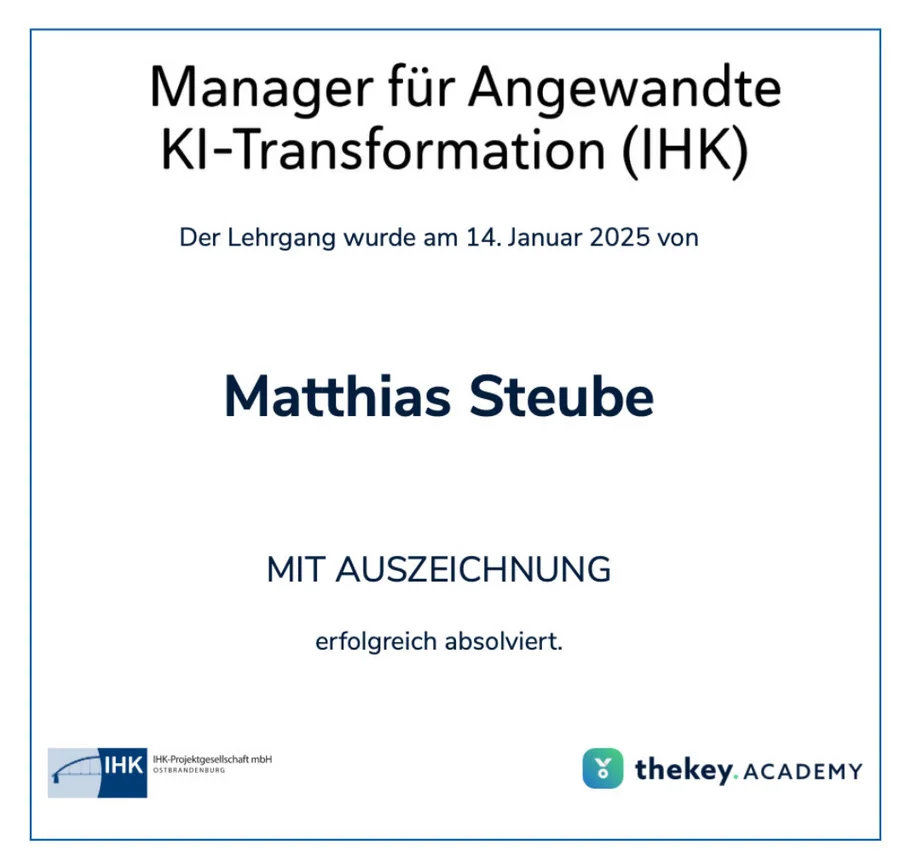 Urkunde Manager für Angewandte KI-Transformation (IHK)
